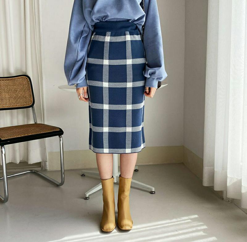 チェックニットスカート・全3色・t64308 レディース【sk】【韓国 ファッション ボトムス スカート ロング丈 ミディ丈 ニ