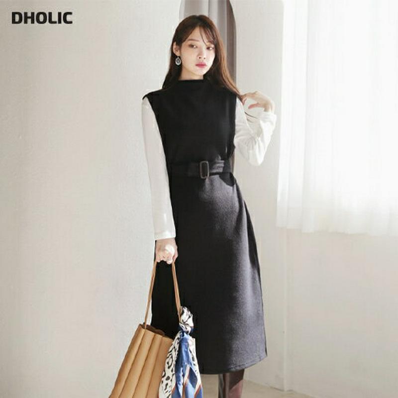 ≪人気商品再入荷≫Tシャツ&ベルト付ワンピースSET・全2色・b64674 レディース【ops】韓国ファッション ワンピース Tシャツ ベルト セット 長袖 ベーシック ロングワンピース モックネック スリーブレス スリット シンプル 秋 冬 ハイホリHIHOLLI