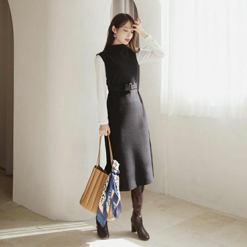 ≪人気商品再入荷≫Tシャツ&ベルト付ワンピースSET・全2色・b64674 レディース【ops】韓国ファッション ワンピース Tシャツ ベルト セット 長袖 ベーシック ロングワンピース モックネック スリーブレス スリット シンプル 秋 冬 ハイホリHIHOLLI