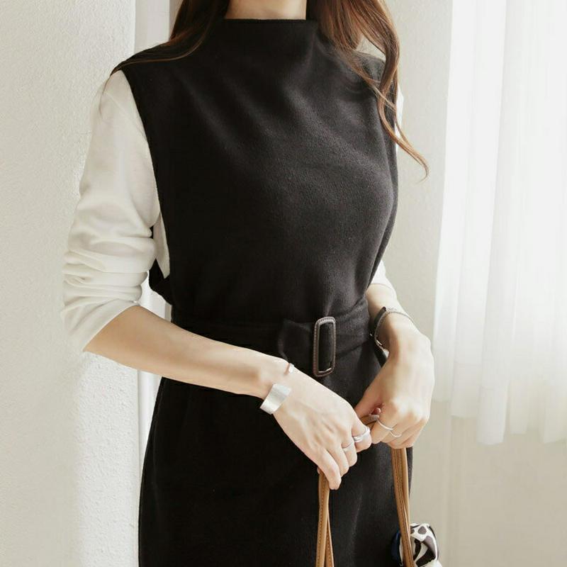 ≪人気商品再入荷≫Tシャツ&ベルト付ワンピースSET・全2色・b64674 レディース【ops】韓国ファッション ワンピース Tシャツ ベルト セット 長袖 ベーシック ロングワンピース モックネック スリーブレス スリット シンプル 秋 冬 ハイホリHIHOLLI