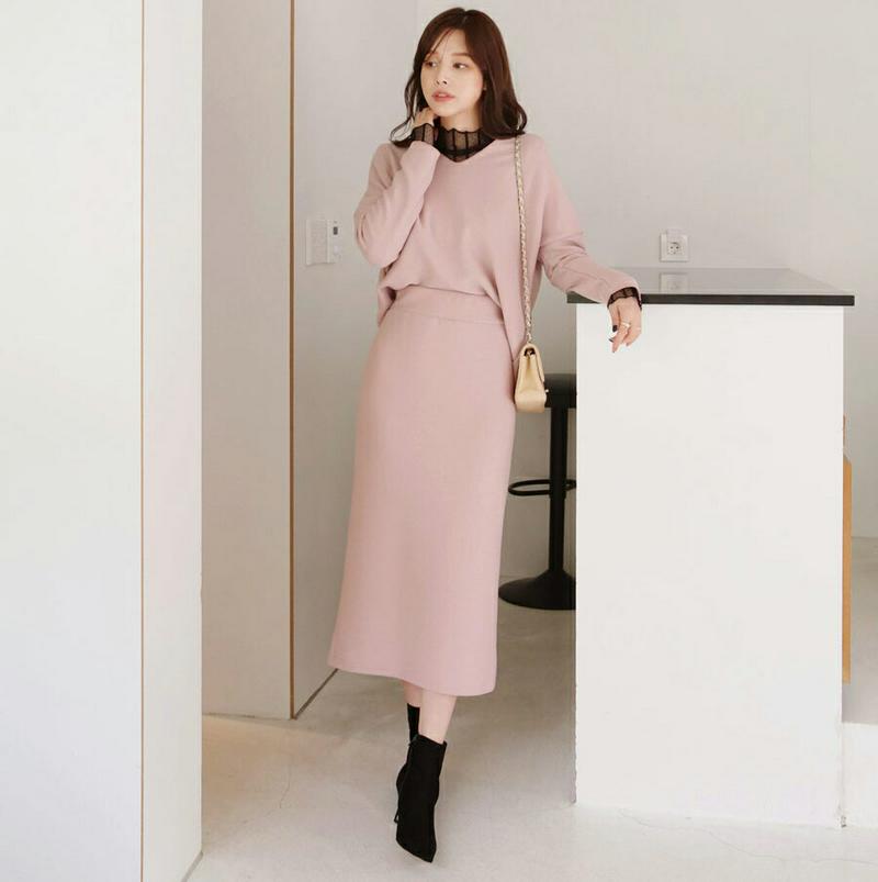 起毛VネックTシャツ&フレアスカートSET・全4色・t64680 レディース【ops】【韓国 ファッション セットアップ set