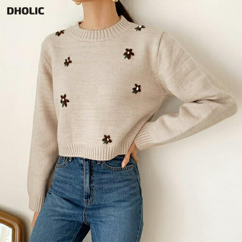 花柄刺繍クロップドニット・全5色・b64352 レディース【tops】【韓国 ファッション トップス ニット ニットトップス ロ