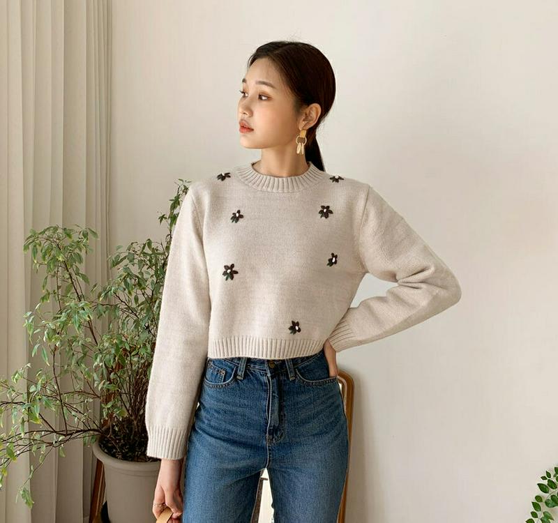 花柄刺繍クロップドニット・全5色・b64352 レディース【tops】【韓国 ファッション トップス ニット ニットトップス ロ