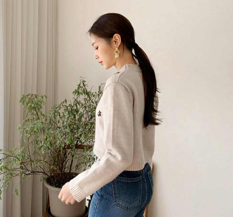 花柄刺繍クロップドニット・全5色・b64352 レディース【tops】【韓国 ファッション トップス ニット ニットトップス ロ