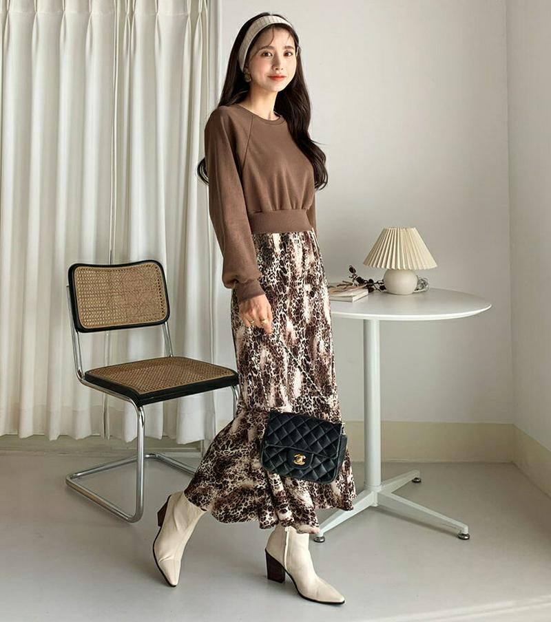 レオパード配色ワンピース・全2色・b64357 レディース【ops】【韓国 ファッション ワンピース ロングワンピース スウェッ