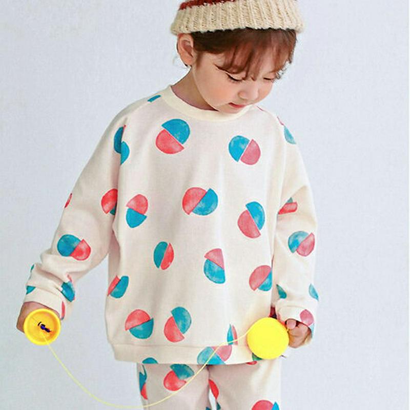 配色サークルTシャツ・p007634 キッズ【3~8才】【tops】【トップス 長袖 Tシャツ 総柄 カジュアル ラフ ロンT 女の子 男の子 春 秋 韓国 韓国子供服 子供 こども 子供服 こども服】【KIDS】