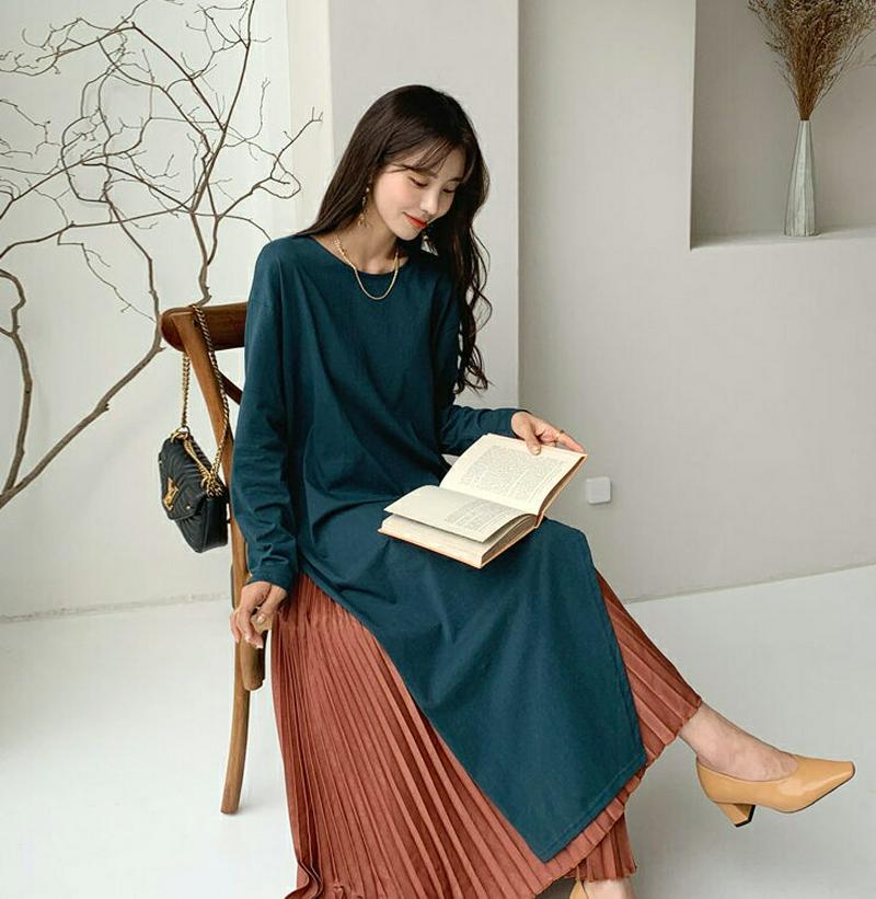 コットンスリットロングTシャツ・全3色・t61461 レディース【tops】【韓国 ファッション トップス Tシャツ ロング丈 