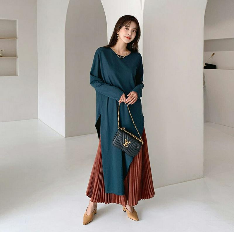 コットンスリットロングTシャツ・全3色・t61461 レディース【tops】【韓国 ファッション トップス Tシャツ ロング丈 