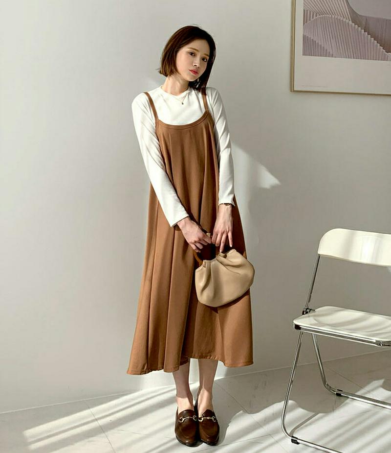 Tシャツ&ノースリワンピースSET・全3色・b60907 レディース【ops】【韓国 ファッション ワンピース ロングワンピース