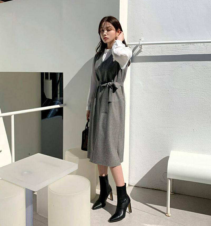 ストラップ付ヘリンボーンワンピース・全2色・t64640 レディース【ops】【韓国 ファッション ワンピース ロングワンピース