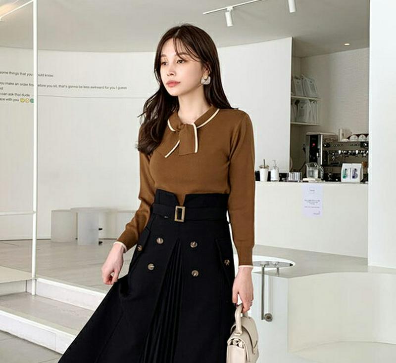 リボン配色ニット・全5色・t64634 レディース【tops】【韓国 ファッション トップス ニット ニットトップス ロングスリーブ 長袖 リボン ネックリボン 配色 リブ シンプル フェミニン 上品 大人 秋 冬】【ハイホリHIHOLLI】