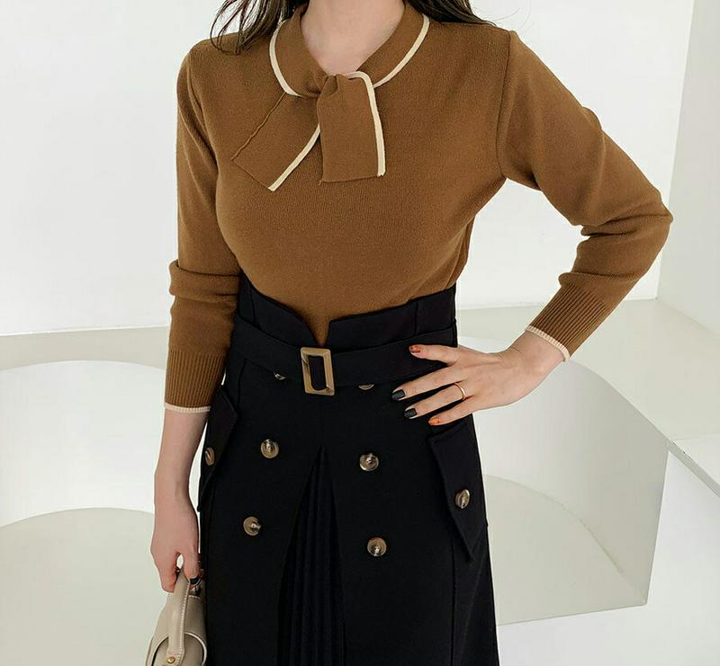 リボン配色ニット・全5色・t64634 レディース【tops】【韓国 ファッション トップス ニット ニットトップス ロングスリーブ 長袖 リボン ネックリボン 配色 リブ シンプル フェミニン 上品 大人 秋 冬】【ハイホリHIHOLLI】