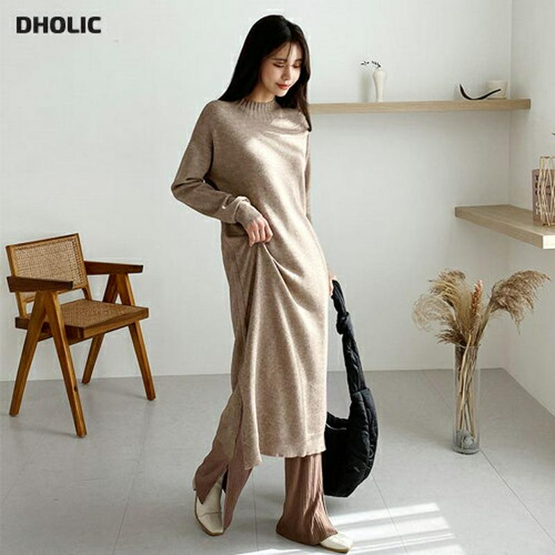 ハーフネックニットワンピース・全4色・60911 レディース【ops】【韓国 ファッション ワンピース ロングワンピース ニット ニットワンピース 長袖 ロングスリーブ ハーフネック リブ Hライン ルーズ シンプル 単色 無地 カジュアル スリット ラフ 秋 冬】