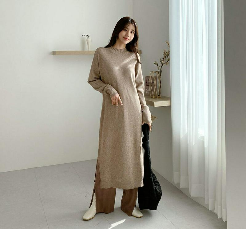 ハーフネックニットワンピース・全4色・60911 レディース【ops】【韓国 ファッション ワンピース ロングワンピース ニット ニットワンピース 長袖 ロングスリーブ ハーフネック リブ Hライン ルーズ シンプル 単色 無地 カジュアル スリット ラフ 秋 冬】
