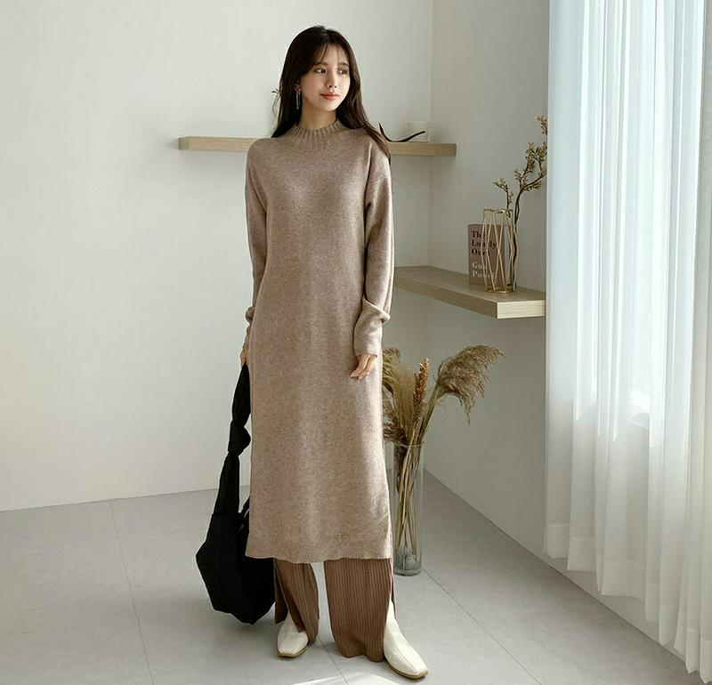 ハーフネックニットワンピース・全4色・60911 レディース【ops】【韓国 ファッション ワンピース ロングワンピース ニット ニットワンピース 長袖 ロングスリーブ ハーフネック リブ Hライン ルーズ シンプル 単色 無地 カジュアル スリット ラフ 秋 冬】