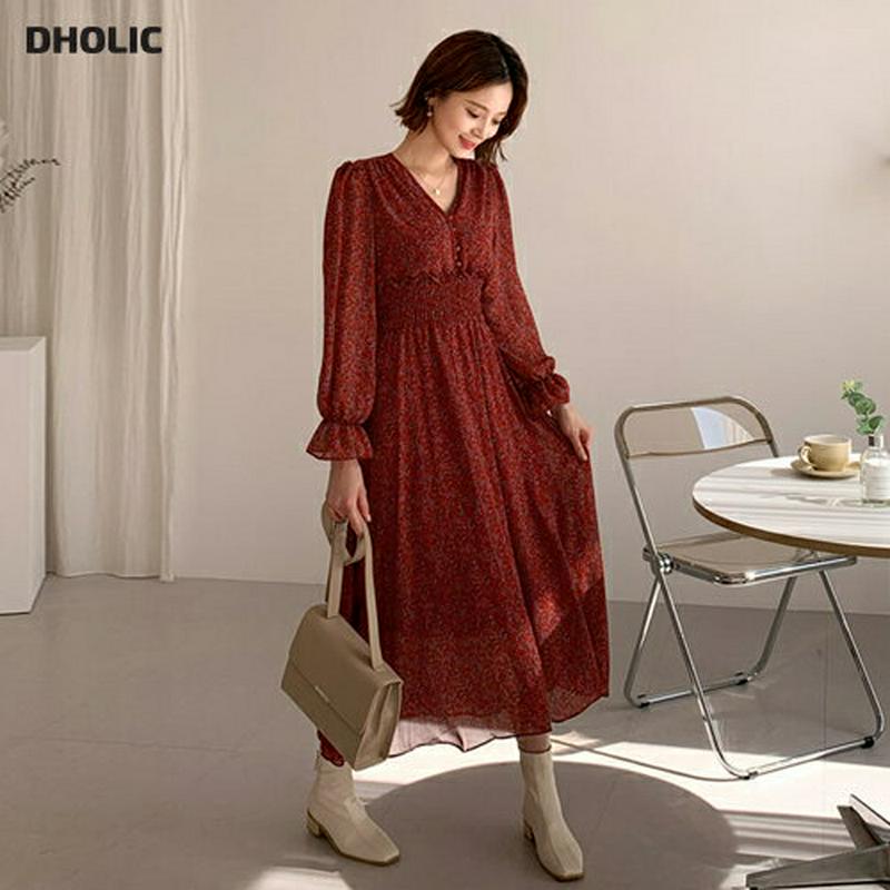 シャーリング花柄ワンピース・全2色・e60908 レディース【ops】【韓国 ファッション ワンピース ロングワンピース パフスリーブ 長袖 花柄 小花柄 シャーリング Vネック 鎖骨 デコルテ シフォン フレア 揺れ感 大人 春 秋】