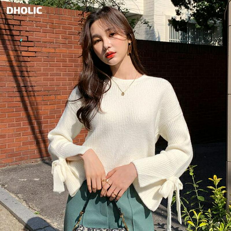 【只今10%OFF】ジグザグへムリボンニット・全4色・t61542 レディース【tops】【韓国 ファッション トップス ニット ニットトップス ロングスリーブ 長袖 リボン スリット リブ クロップド丈 短丈 ジグザグ ジグザグカット ユニーク ガーリー かわいい 秋 冬】
