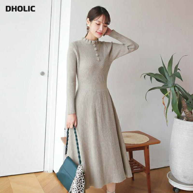 【新作10%OFF】ボタンフリルネックニットワンピース・全3色・b64752 レディース【ops】【韓国 ファッション ワンピー