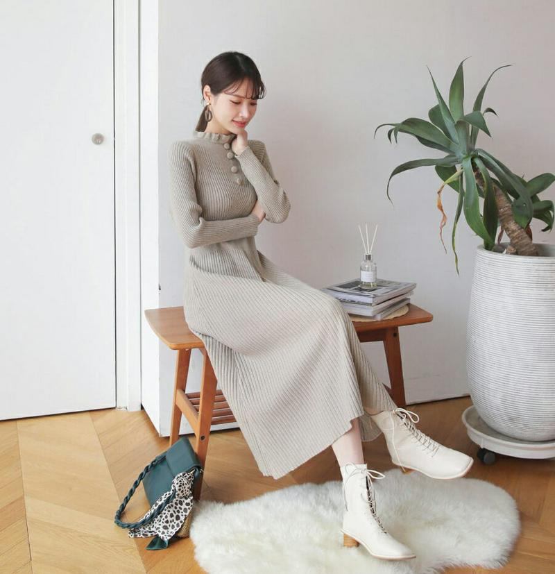 【新作10%OFF】ボタンフリルネックニットワンピース・全3色・b64752 レディース【ops】【韓国 ファッション ワンピー