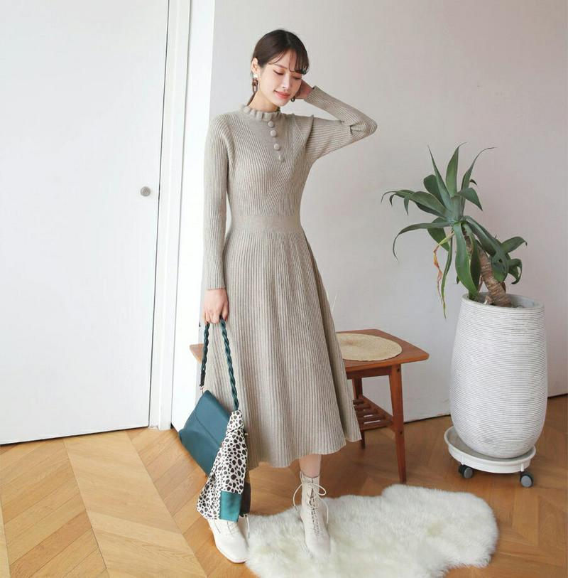 【新作10%OFF】ボタンフリルネックニットワンピース・全3色・b64752 レディース【ops】【韓国 ファッション ワンピー