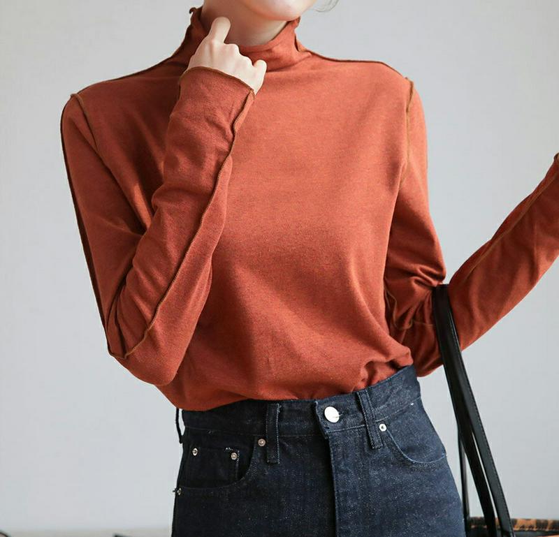 カットオフハイネックTシャツ・全4色・b64746 レディース【tops】【韓国 ファッション トップス Tシャツ ロングスリーブ 長袖 ハイネック カットオフ シンプル カジュアル ベーシック 肩単色 無地 ラフ 秋 冬】【ハイホリHIHOLLI】