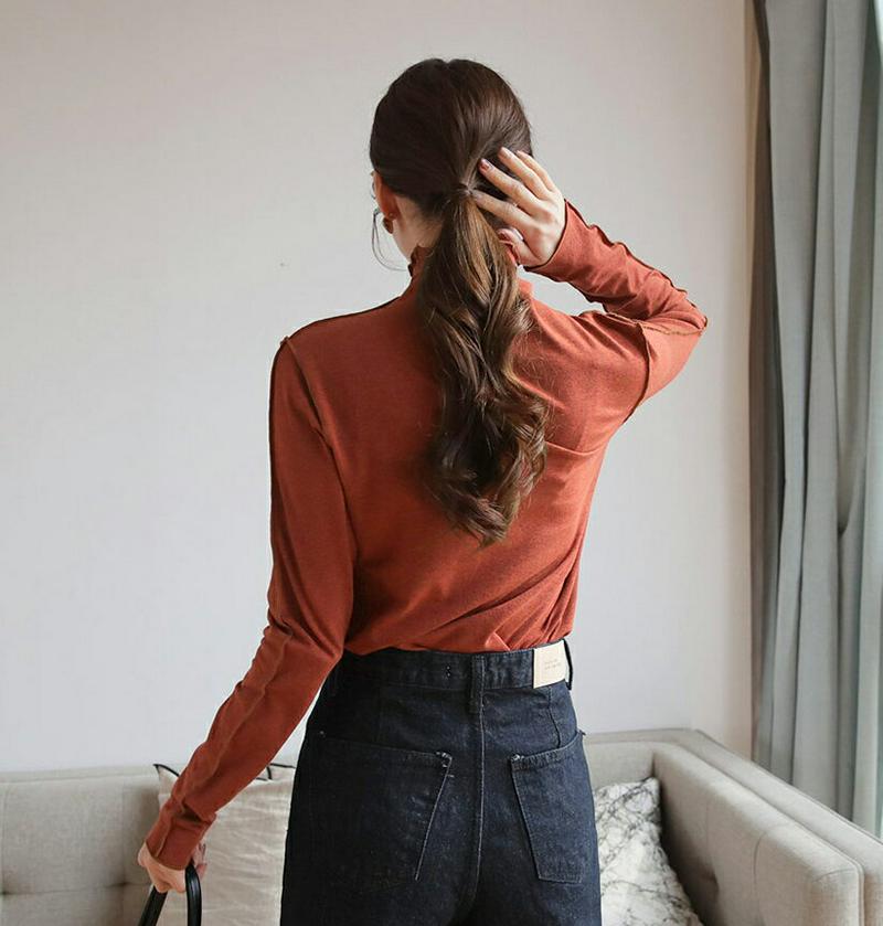 カットオフハイネックTシャツ・全4色・b64746 レディース【tops】【韓国 ファッション トップス Tシャツ ロングスリーブ 長袖 ハイネック カットオフ シンプル カジュアル ベーシック 肩単色 無地 ラフ 秋 冬】【ハイホリHIHOLLI】