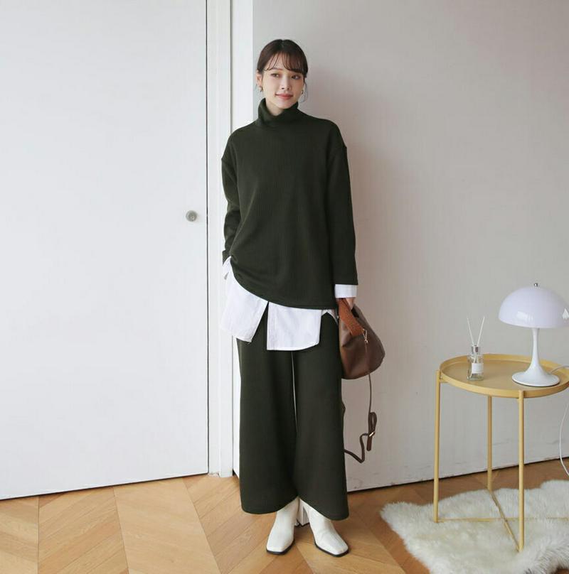 【新作10%OFF】リブハイネックTシャツ&パンツSET・全4色・b64754 レディース【pt】【韓国 ファッション セットア