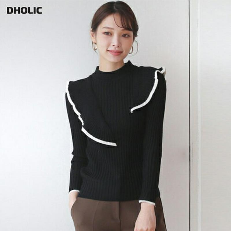 フリル配色リブニット・全2色・b64749 レディース【tops】【韓国 ファッション トップス ニット ニットトップス ロングスリーブ 長袖 ハーフネック フリル 配色 リブ リブニット スリム シンプル 大人 フェミニン 秋 冬】【ハイホリHIHOLLI】