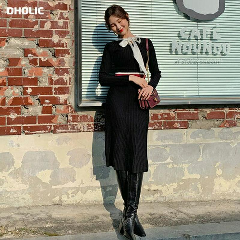 【新作10%OFF】ネックリボン配色ニットワンピース・全3色・b61550 レディース【ops】【韓国 ファッション ワンピース