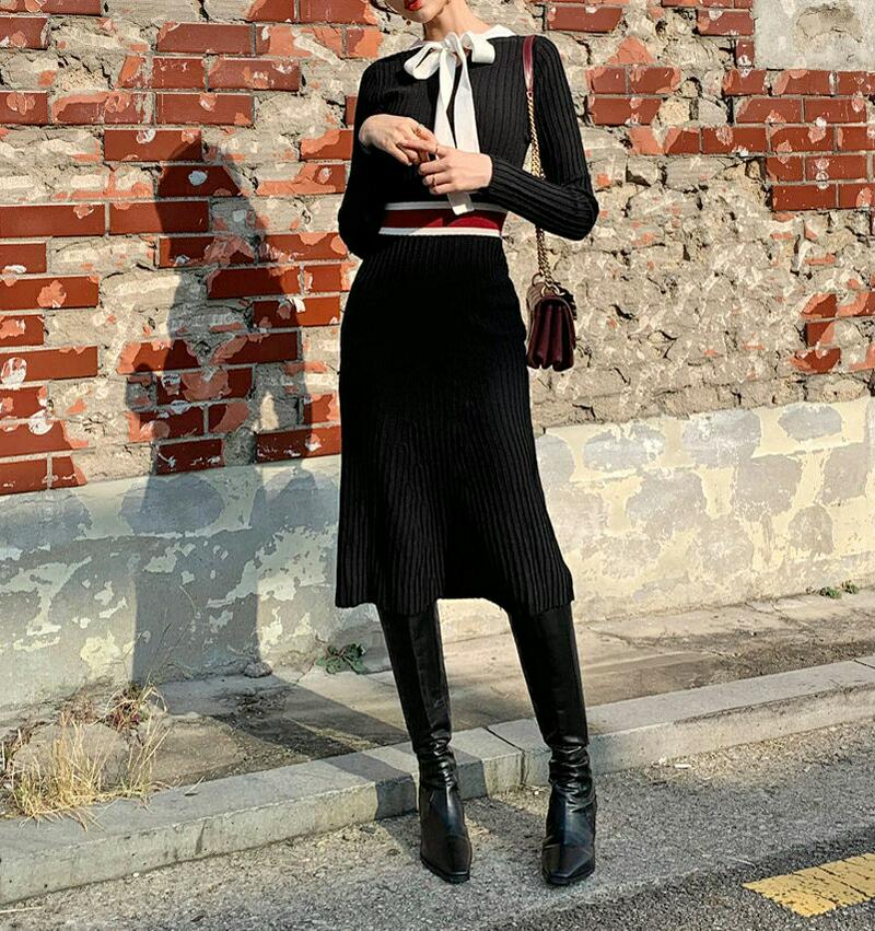 【新作10%OFF】ネックリボン配色ニットワンピース・全3色・b61550 レディース【ops】【韓国 ファッション ワンピース