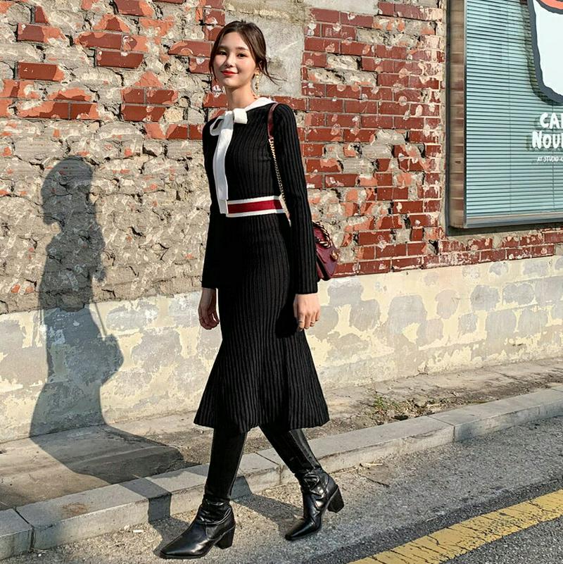 【新作10%OFF】ネックリボン配色ニットワンピース・全3色・b61550 レディース【ops】【韓国 ファッション ワンピース