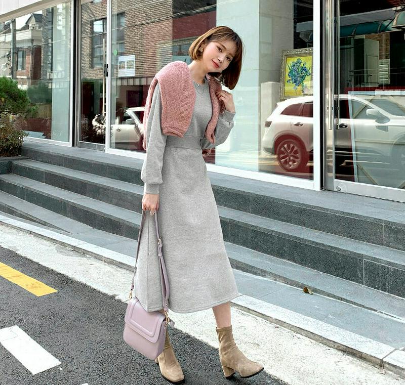 【只今10%OFF】裏起毛フレアスウェットワンピース・全3色・t61549 レディース【ops】【韓国 ファッション ワンピース ロングワンピース スウェットワンピース フレア 長袖 ラウンドネック リブ 裏起毛 シンプル 単色 無地 カジュアル ラフ 秋 冬】