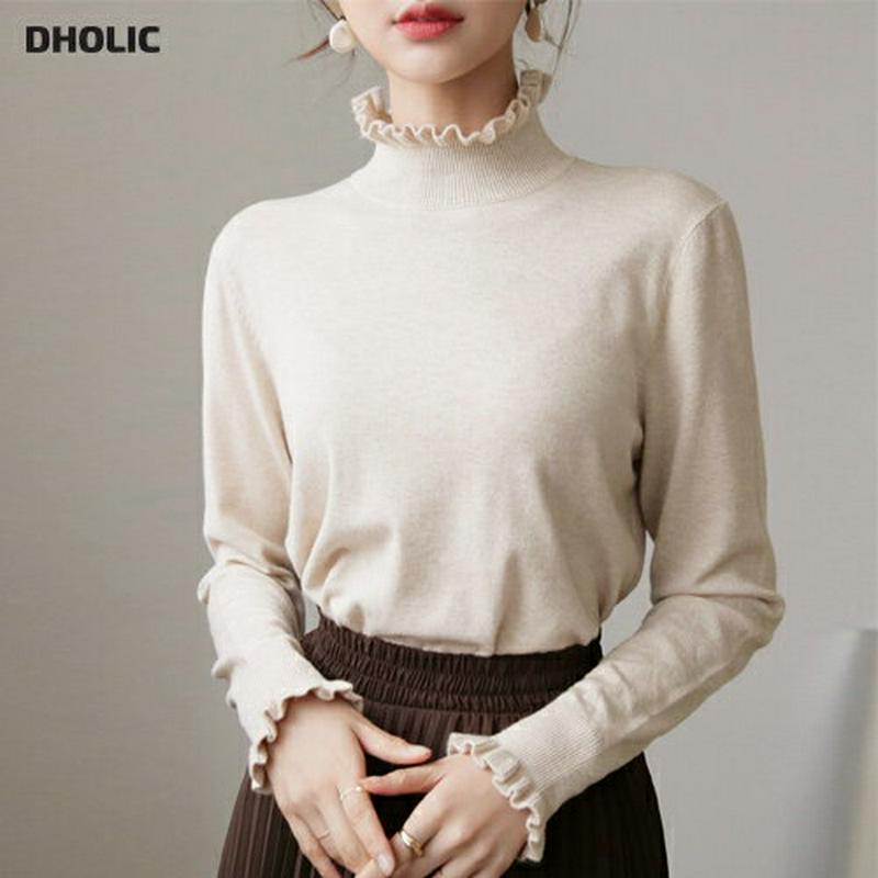フリルハイネックニット・全5色・t60940 レディース【tops】【韓国 ファッション トップス ニット ニットトップス ロングスリーブ 長袖 フリル フリルネック ハイネック リブ シンプル 単色 無地 フェミニン 大人 秋 冬】