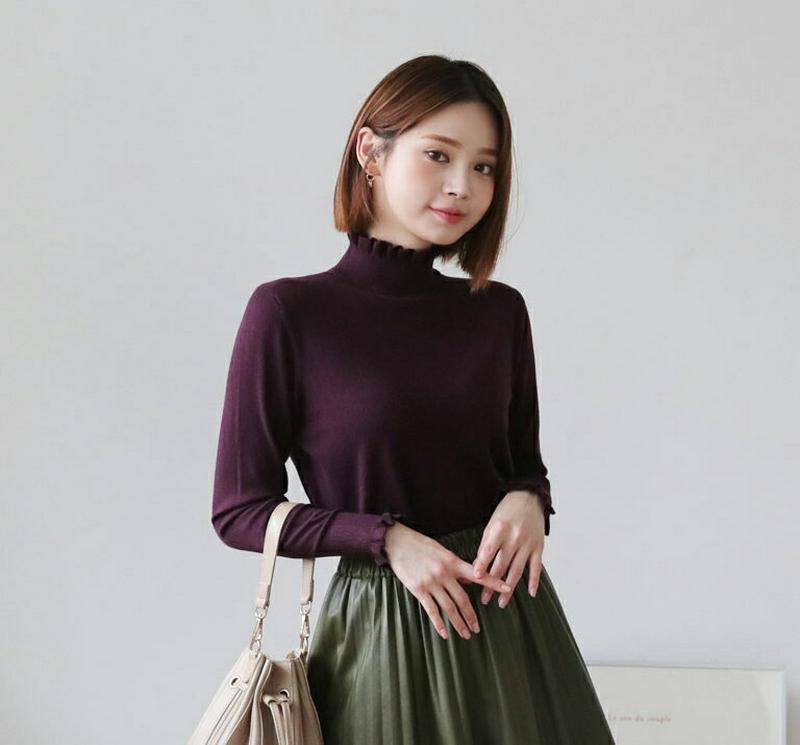 フリルハイネックニット・全5色・t60940 レディース【tops】【韓国 ファッション トップス ニット ニットトップス ロングスリーブ 長袖 フリル フリルネック ハイネック リブ シンプル 単色 無地 フェミニン 大人 秋 冬】