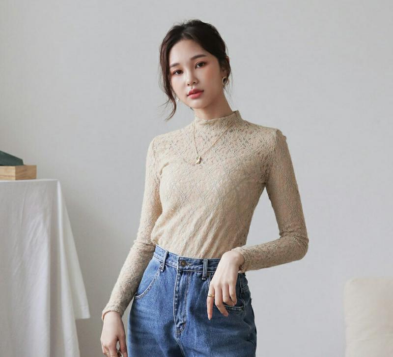 【新作10%OFF】起毛ハーフネックレースブラウス・全2色・b60943 レディース【bl】【韓国 ファッション トップス ブラ