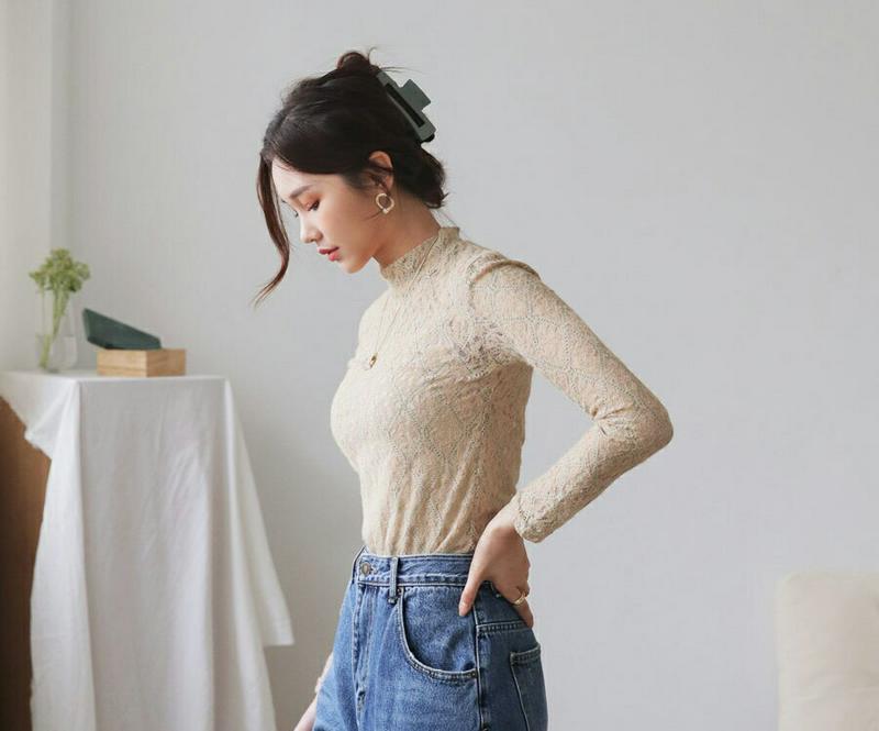 【新作10%OFF】起毛ハーフネックレースブラウス・全2色・b60943 レディース【bl】【韓国 ファッション トップス ブラ