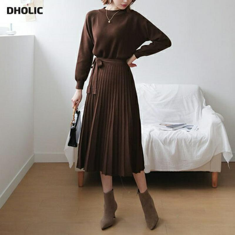 ストラップ付プリーツニットワンピース・全2色・b60947 レディース【ops】【韓国 ファッション ワンピース ロングワンピース ニットワンピース ラグランスリーブ 長袖 ハーフネック プリーツ フレア ストラップ 大人 上品 秋 冬】