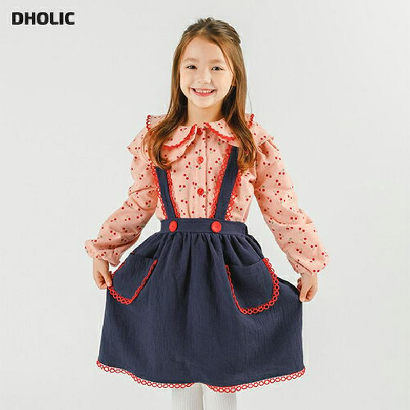 チェリーブラウス&ワンピースSET・p007850 キッズ【3~8才】【ops】【ワンピース ミディ丈 ミディワンピース セット set ブラウス トップス さくらんぼ ガーリー サクランボ かわいい 女の子 春 秋 韓国 韓国子供服 こども 子供服 こども服】【KIDS】