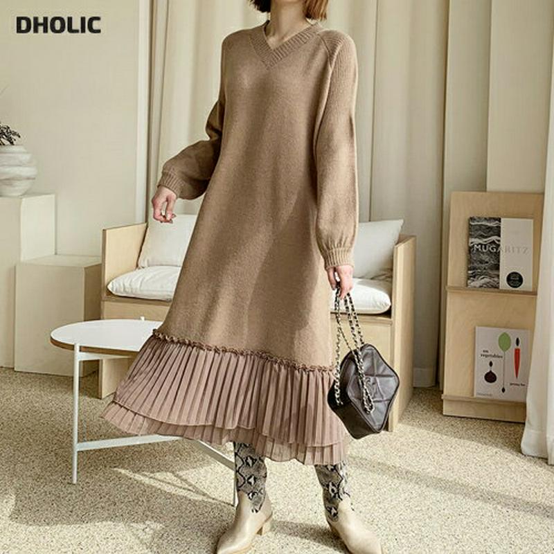 プリーツヘムニットワンピース・全2色・b61361 レディース【ops】【韓国 ファッション ワンピース ロングワンピース ニッ