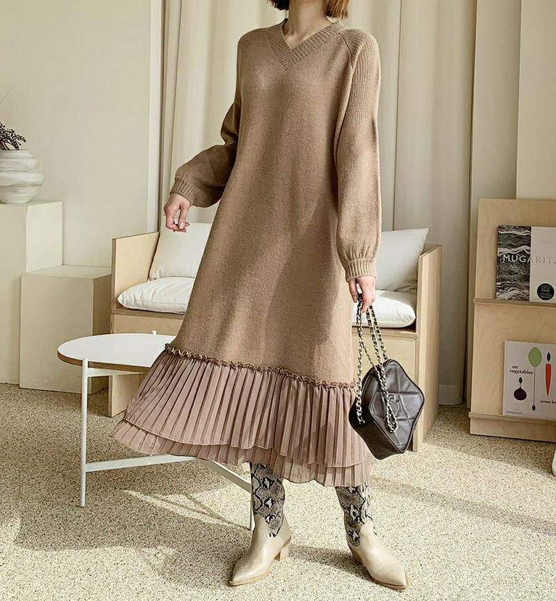 プリーツヘムニットワンピース・全2色・b61361 レディース【ops】【韓国 ファッション ワンピース ロングワンピース ニッ