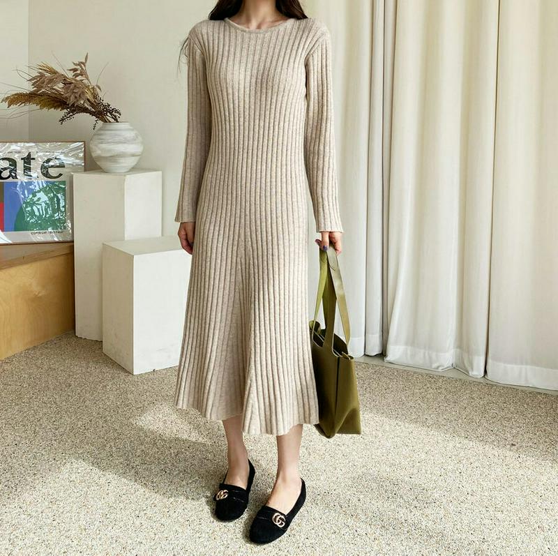 ウール混リブワンピース・全2色・t61436 レディース【ops】【韓国 ファッション ワンピース ロングワンピース ニット ニ