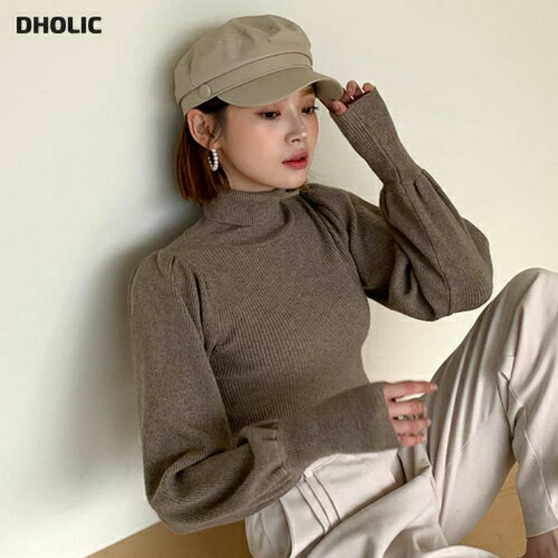 ≪人気商品再入荷≫パフタートルネックニット・全4色・b61427 レディース【tops】 韓国ファッション トップス ニット ニットトップス パフスリーブ 長袖 タートルネック リブ リブニット スリム シンプル 単色 無地 フェミニン 秋 冬248