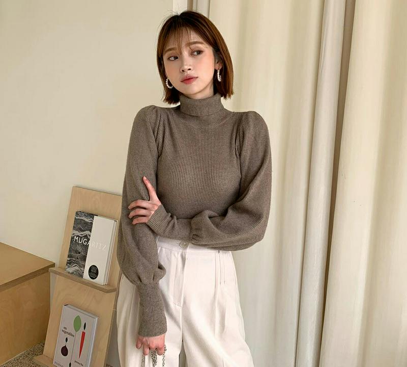 ≪人気商品再入荷≫パフタートルネックニット・全4色・b61427 レディース【tops】 韓国ファッション トップス ニット ニットトップス パフスリーブ 長袖 タートルネック リブ リブニット スリム シンプル 単色 無地 フェミニン 秋 冬248