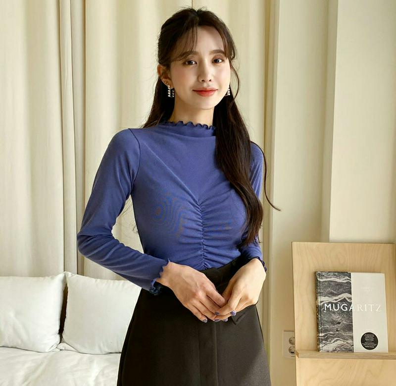 ハーフネックウェーブTシャツ・全4色・t61409 レディース【tops】【韓国 ファッション トップス Tシャツ ロングスリー