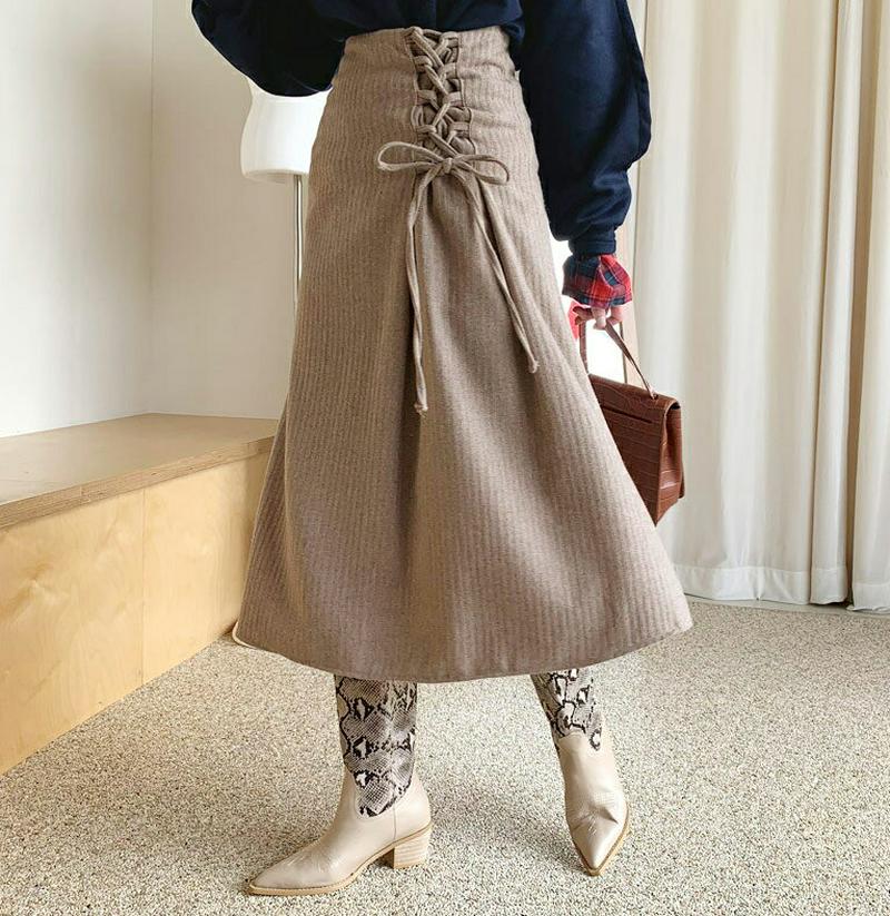 レースアップフレアスカート・全2色・b61434 レディース【sk】【韓国 ファッション ボトムス スカート ロング丈 ロングス