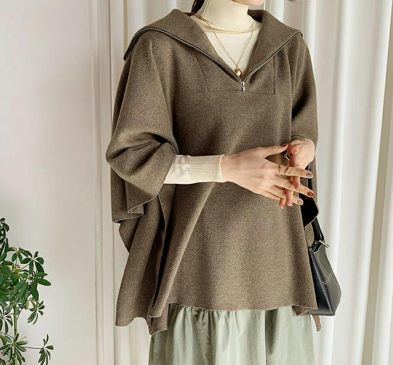 ジップニットケープ・全3色・b64711 レディース【tops】【韓国 ファッション トップス ニット ニットトップス ケープ 