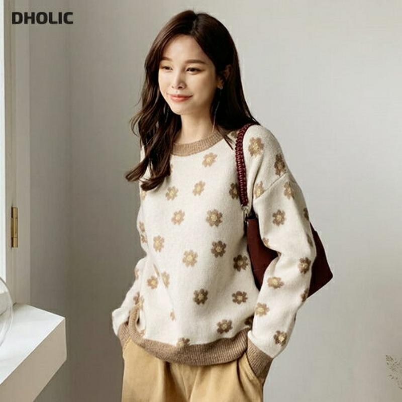 配色フラワーニット・全3色・b64706 レディース【tops】【韓国 ファッション トップス ニット ニットトップス ロングス