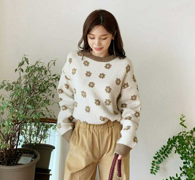 配色フラワーニット・全3色・b64706 レディース【tops】【韓国 ファッション トップス ニット ニットトップス ロングス