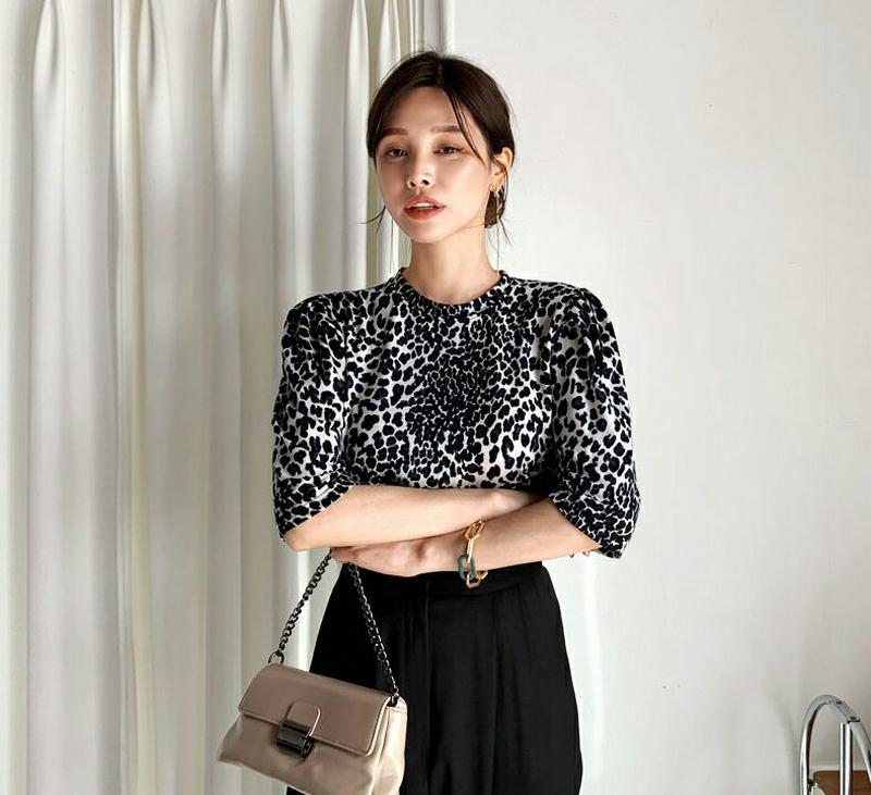 レオパードパフTシャツ・全2色・t64710 レディース【tops】【韓国 ファッション トップス Tシャツ パフスリーブ 半袖