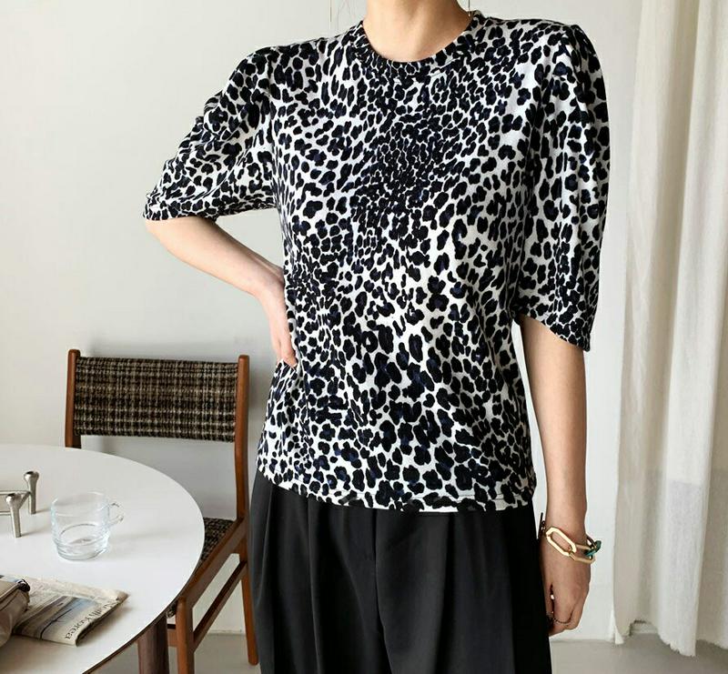 レオパードパフTシャツ・全2色・t64710 レディース【tops】【韓国 ファッション トップス Tシャツ パフスリーブ 半袖